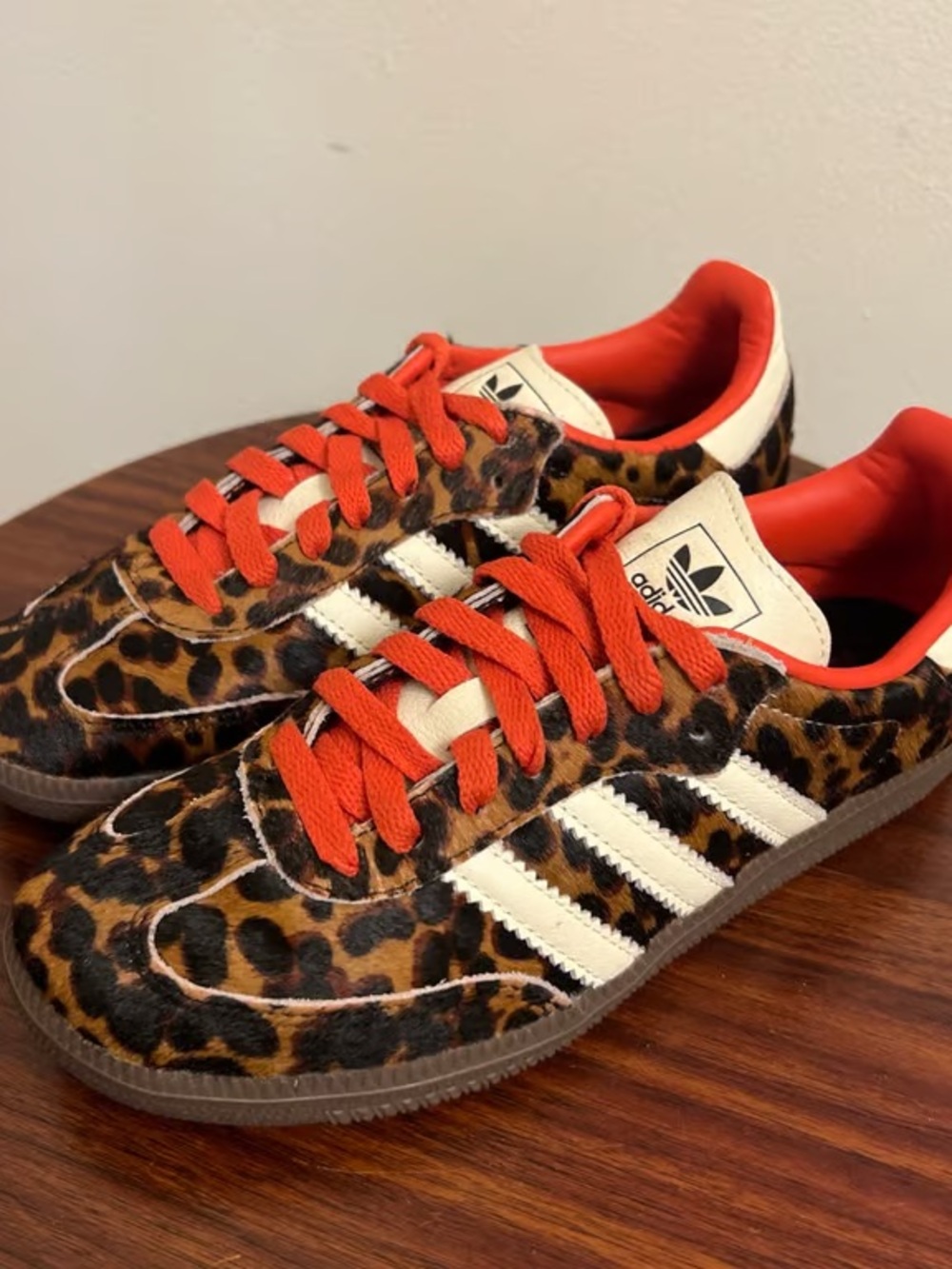 adidas Leopard Print Samba with Orange Laces and White Stripes